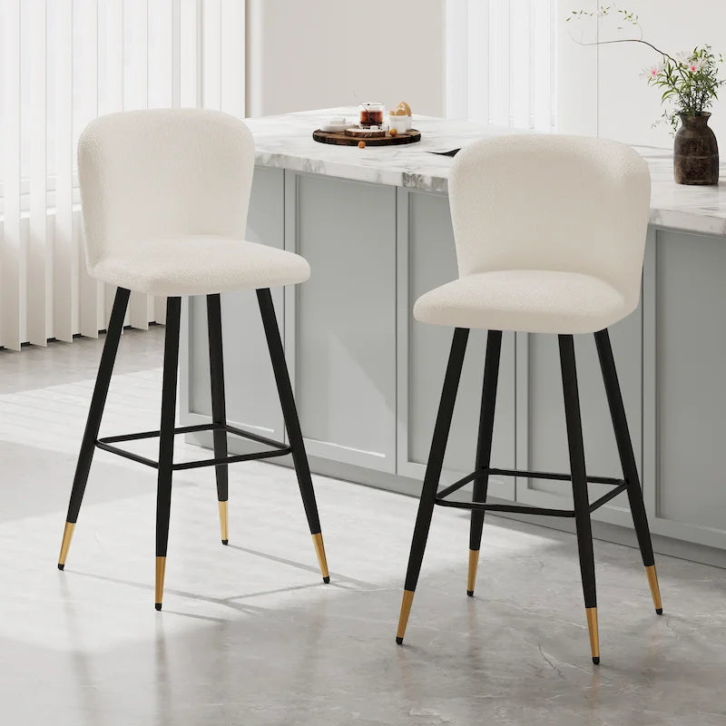 Modern Barstool, White Seat with Black Metal Legs and Gold-Tipped Ends, Contemporary Bar Chair, White