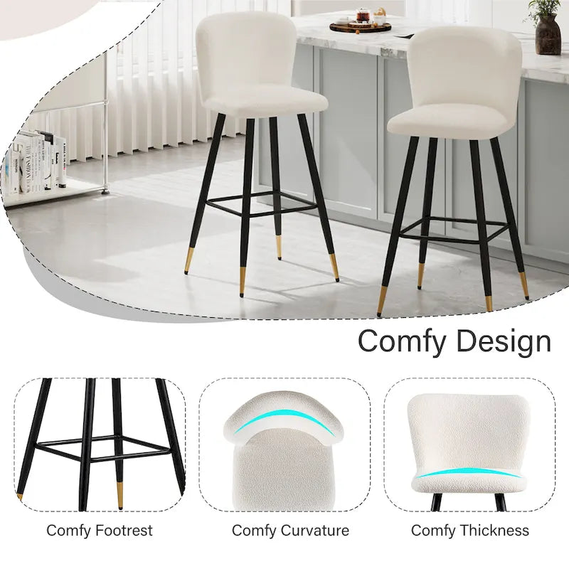 Modern Barstool, White Seat with Black Metal Legs and Gold-Tipped Ends, Contemporary Bar Chair, White