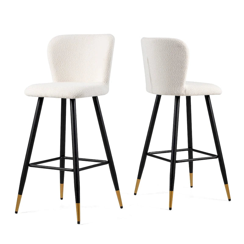 Modern Barstool, White Seat with Black Metal Legs and Gold-Tipped Ends, Contemporary Bar Chair, White
