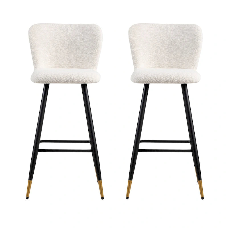 Modern Barstool, White Seat with Black Metal Legs and Gold-Tipped Ends, Contemporary Bar Chair, White
