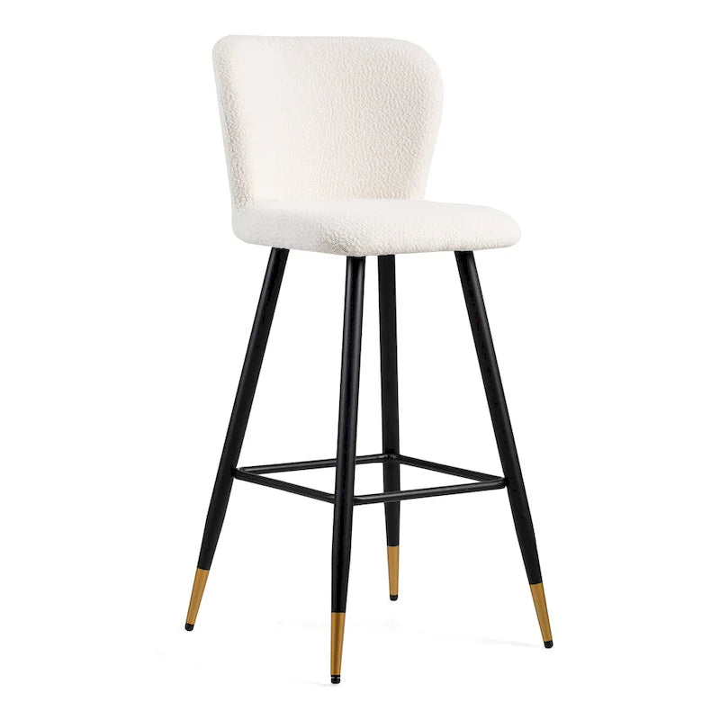 Modern Barstool, White Seat with Black Metal Legs and Gold-Tipped Ends, Contemporary Bar Chair, White