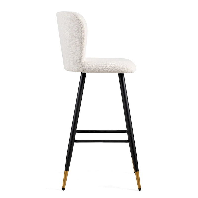 Modern Barstool, White Seat with Black Metal Legs and Gold-Tipped Ends, Contemporary Bar Chair, White