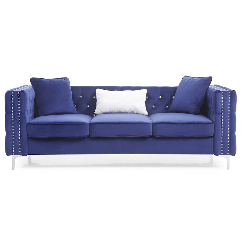 86 in. Tufted Velvet 3-Seater Sofa with 2-Throw Pillow - 86L x 34W x 30H