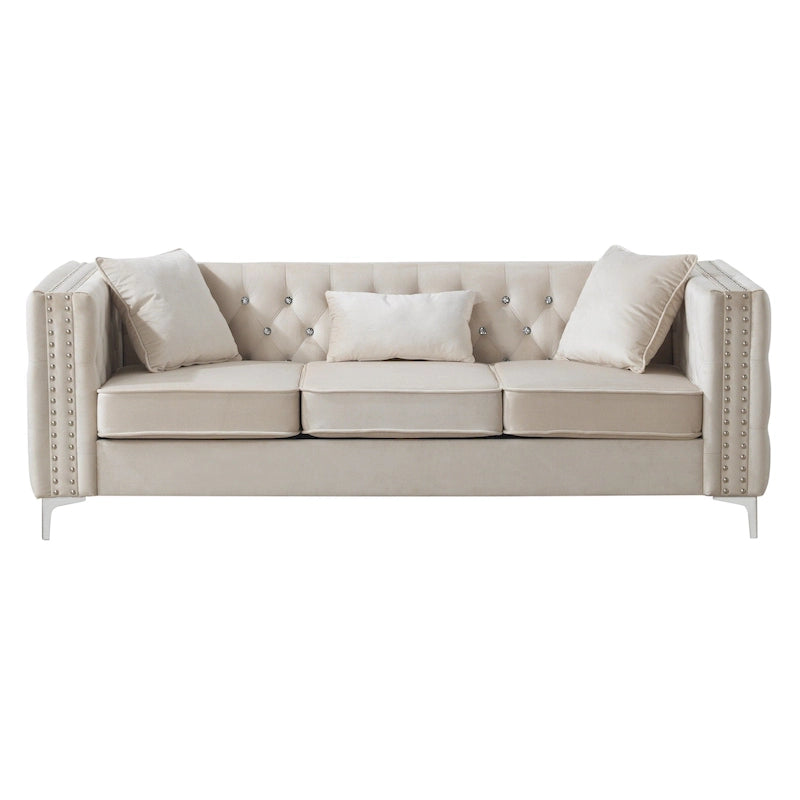86 in. Tufted Velvet 3-Seater Sofa with 2-Throw Pillow - 86L x 34W x 30H