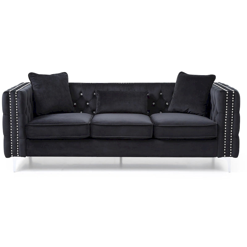 86 in. Tufted Velvet 3-Seater Sofa with 2-Throw Pillow - 86L x 34W x 30H