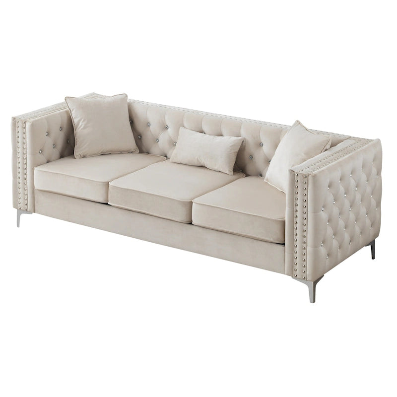 86 in. Tufted Velvet 3-Seater Sofa with 2-Throw Pillow - 86L x 34W x 30H