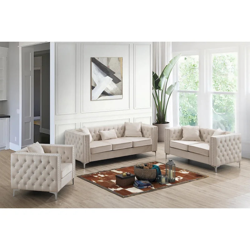 86 in. Tufted Velvet 3-Seater Sofa with 2-Throw Pillow - 86L x 34W x 30H