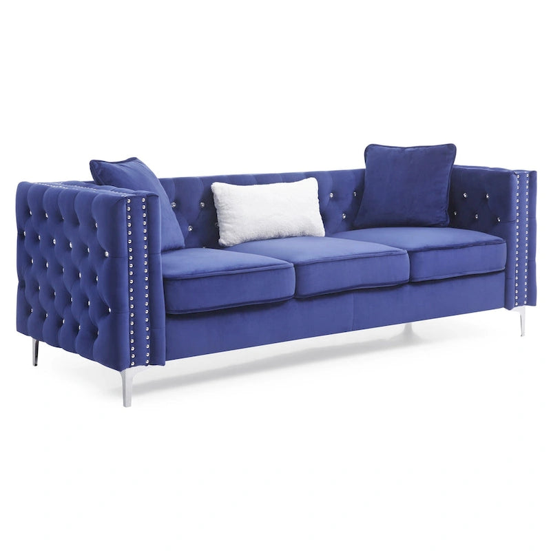 86 in. Tufted Velvet 3-Seater Sofa with 2-Throw Pillow - 86L x 34W x 30H
