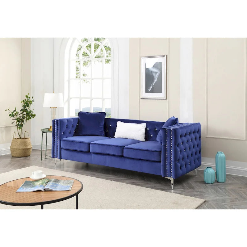 86 in. Tufted Velvet 3-Seater Sofa with 2-Throw Pillow - 86L x 34W x 30H