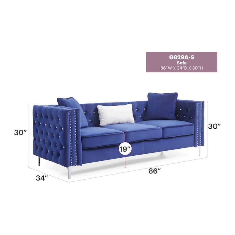 86 in. Tufted Velvet 3-Seater Sofa with 2-Throw Pillow - 86L x 34W x 30H