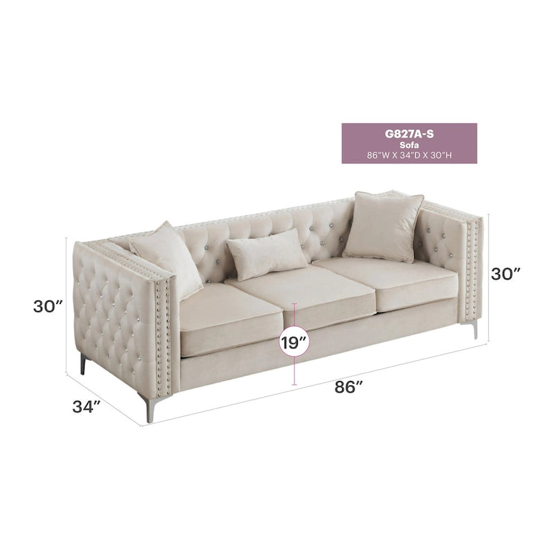 86 in. Tufted Velvet 3-Seater Sofa with 2-Throw Pillow - 86L x 34W x 30H