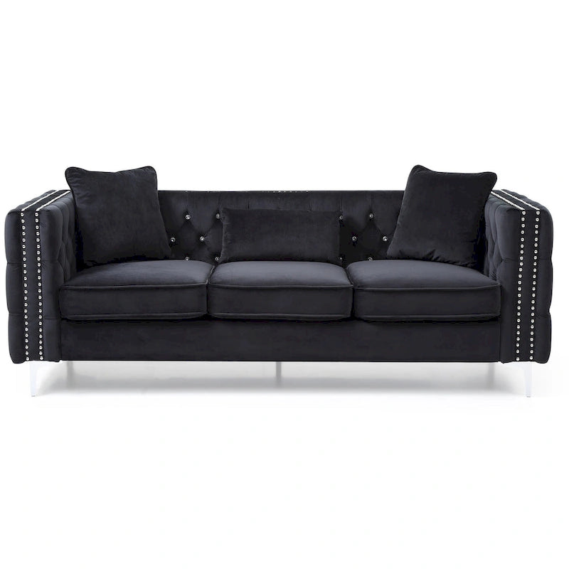 86 in. Tufted Velvet 3-Seater Sofa with 2-Throw Pillow - 86L x 34W x 30H
