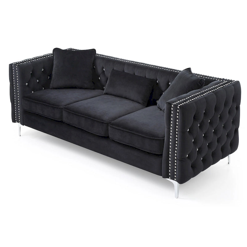 86 in. Tufted Velvet 3-Seater Sofa with 2-Throw Pillow - 86L x 34W x 30H