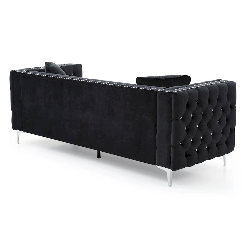 86 in. Tufted Velvet 3-Seater Sofa with 2-Throw Pillow - 86L x 34W x 30H
