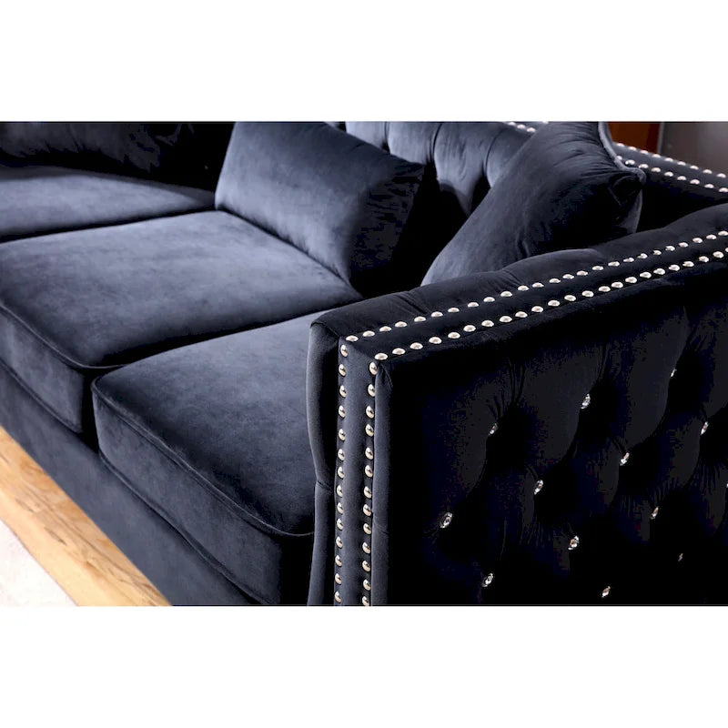 86 in. Tufted Velvet 3-Seater Sofa with 2-Throw Pillow - 86L x 34W x 30H