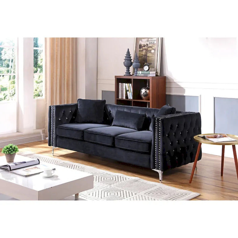 86 in. Tufted Velvet 3-Seater Sofa with 2-Throw Pillow - 86L x 34W x 30H