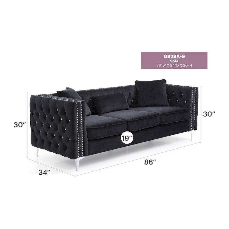 86 in. Tufted Velvet 3-Seater Sofa with 2-Throw Pillow - 86L x 34W x 30H