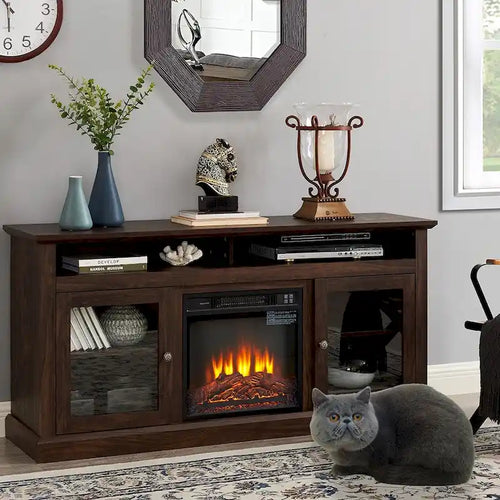 60W Retro Electric Fireplace TV Stand, Adjustable Shelves&Cabinets - 60W*15.75D*29H