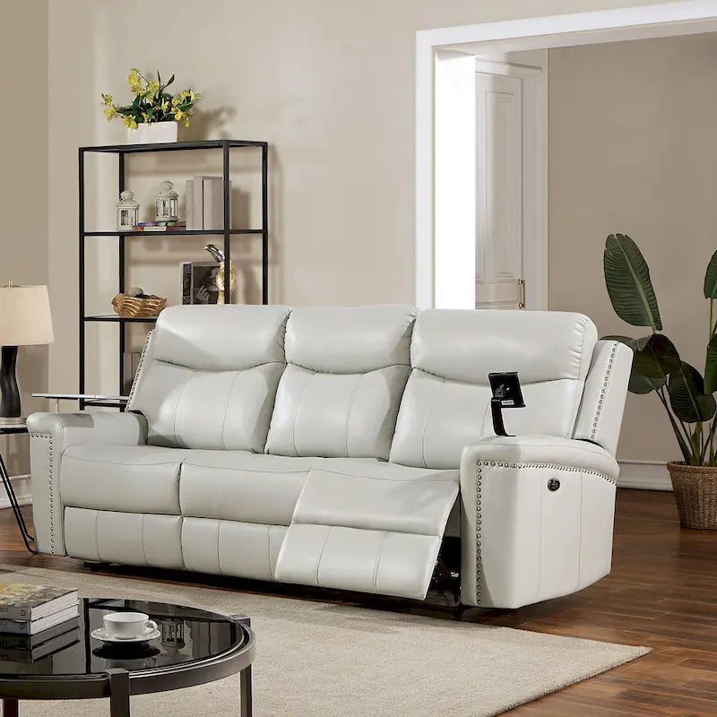 Etty Transitional Light Grey Faux Leather Power Recliner Sofa with USBs and Tray by Furniture of America