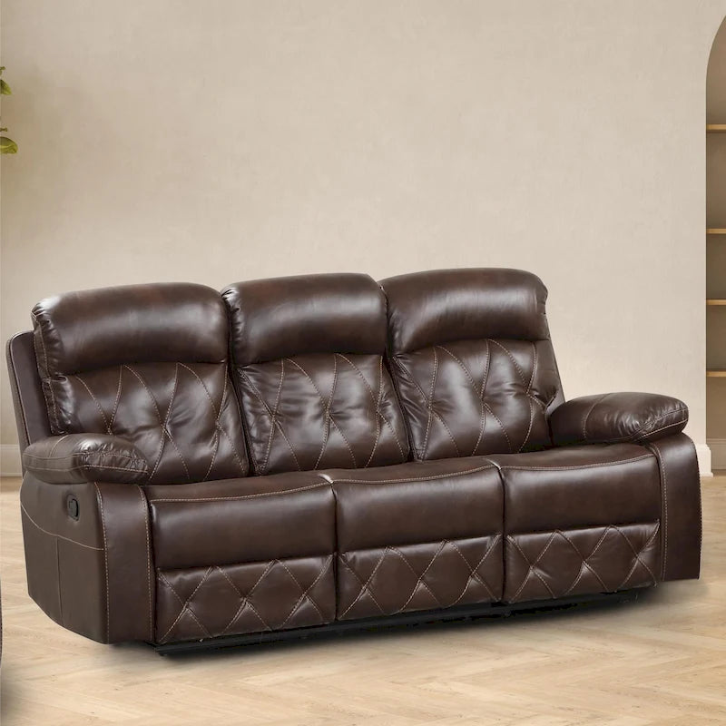 Brown Breathable Leather Reclining Sofa with Diamond Stitching
