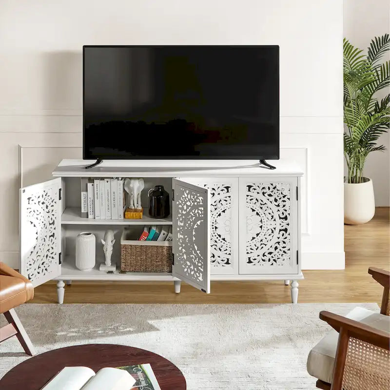 Traditional Carved Built-in Lighting Sideboard Storage TV Stand
