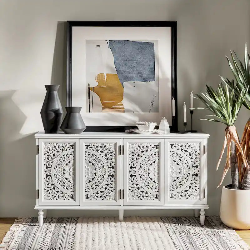 Traditional Carved Built-in Lighting Sideboard Storage TV Stand