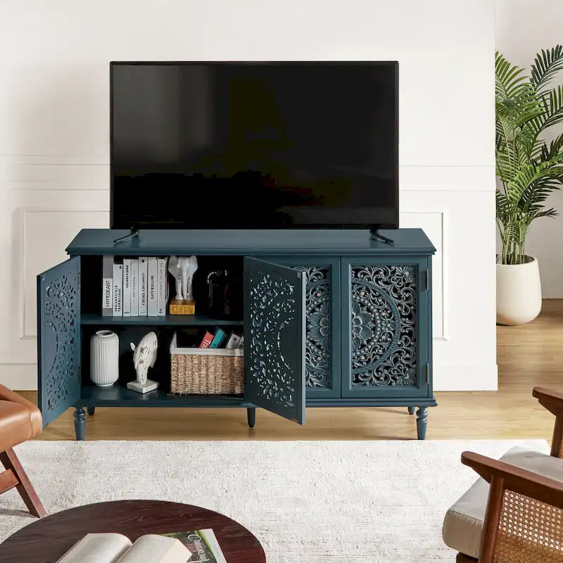 Traditional Carved Built-in Lighting Sideboard Storage TV Stand