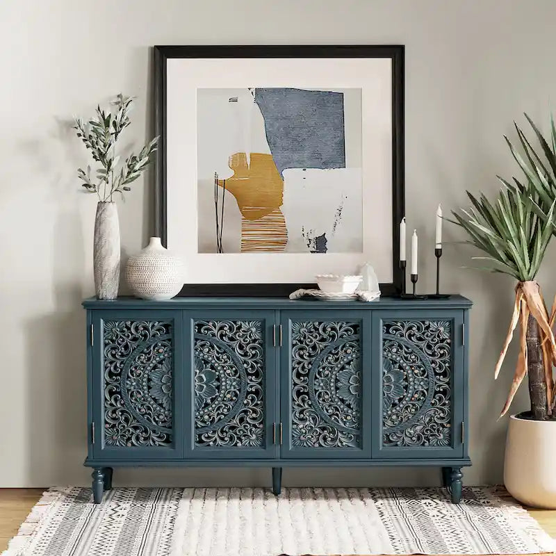 Traditional Carved Built-in Lighting Sideboard Storage TV Stand