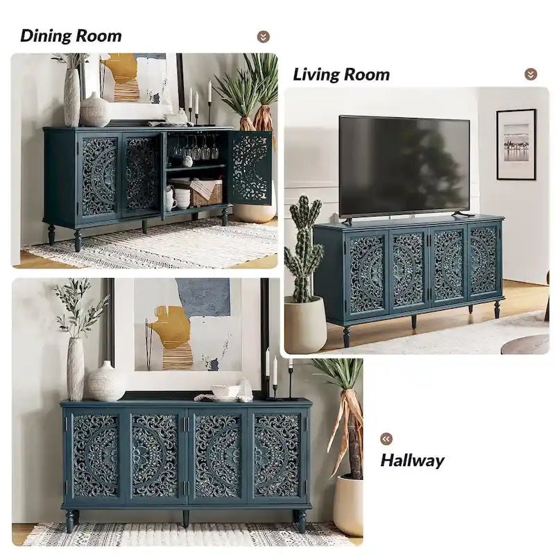 Traditional Carved Built-in Lighting Sideboard Storage TV Stand