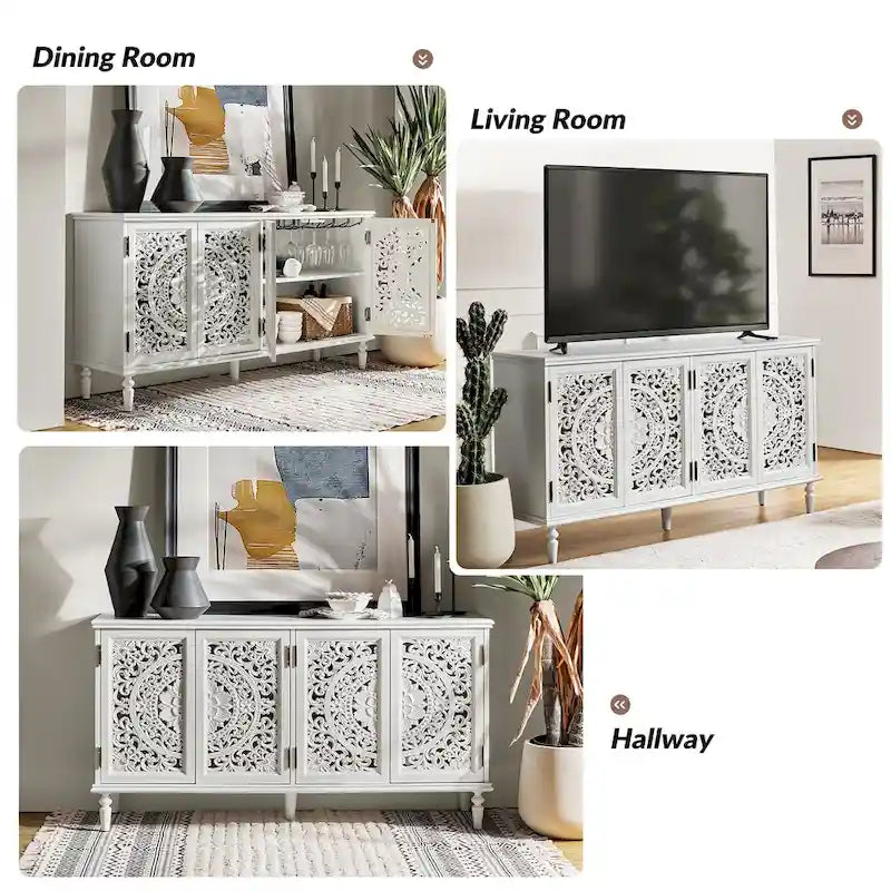 Traditional Carved Built-in Lighting Sideboard Storage TV Stand