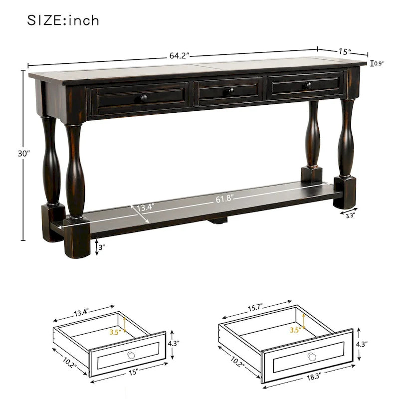 64 in. W Console Table with Drawers and Shelf