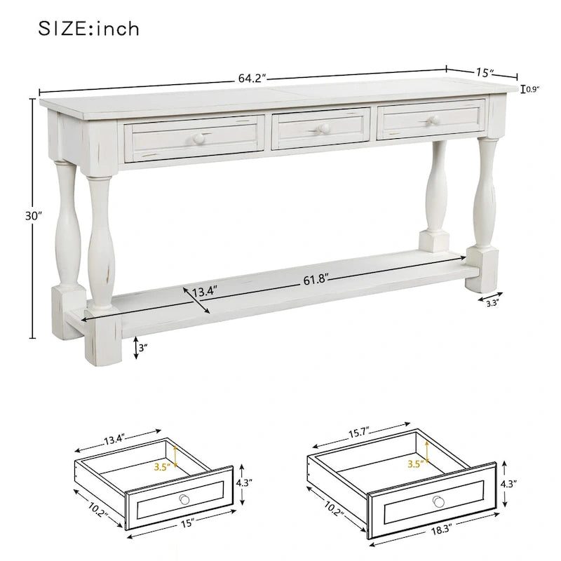 64 in. W Console Table with Drawers and Shelf