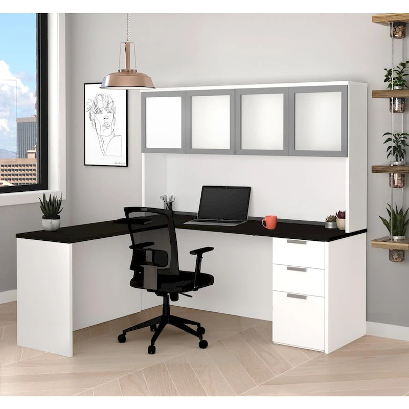 L-Desk with Frosted Glass Door Hutch