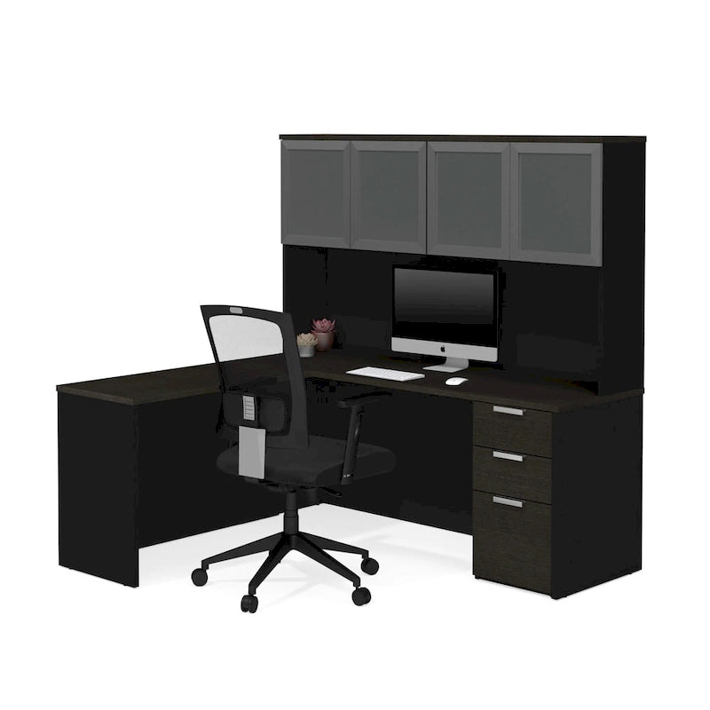 L-Desk with Frosted Glass Door Hutch