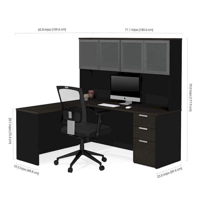 L-Desk with Frosted Glass Door Hutch