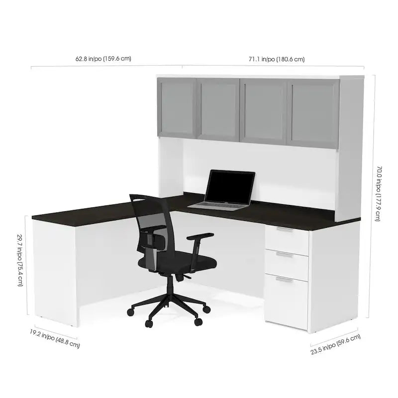 L-Desk with Frosted Glass Door Hutch