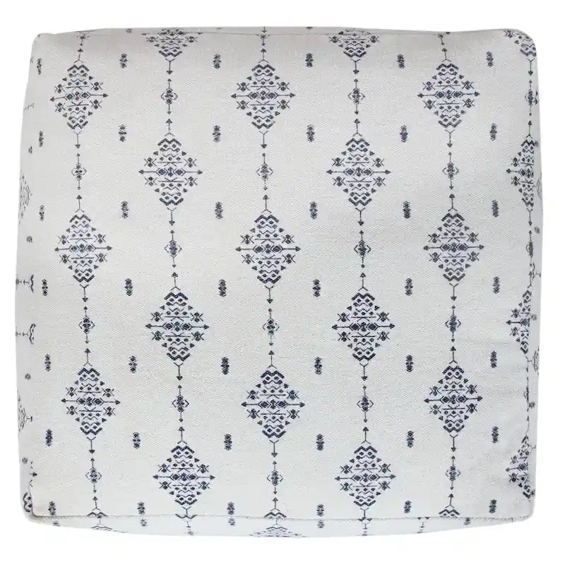 18 Navy and White Ornamental Motif Handcrafted Square Pouf Ottoman