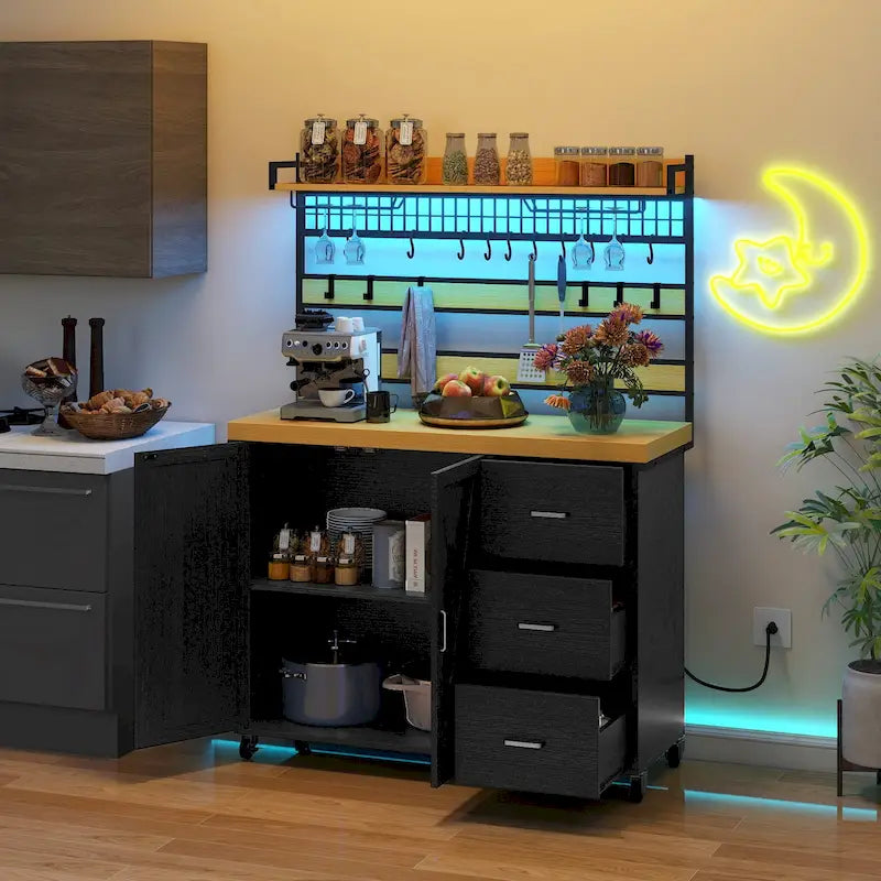 Large Rolling Kitchen Island Bakers Rack with Power Outlet, LED Light & Tall Shelf