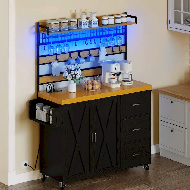 Moasis Large Rolling Kitchen Island Bakers Rack with Power Outlet, LED Light & Tall Shelf