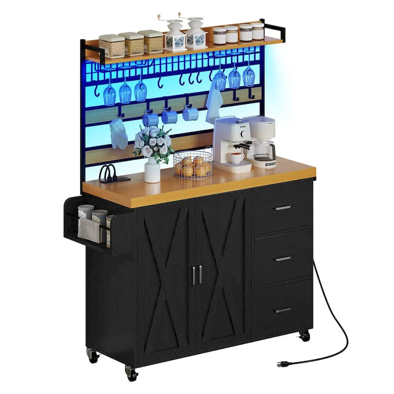 Large Rolling Kitchen Island Bakers Rack with Power Outlet, LED Light & Tall Shelf