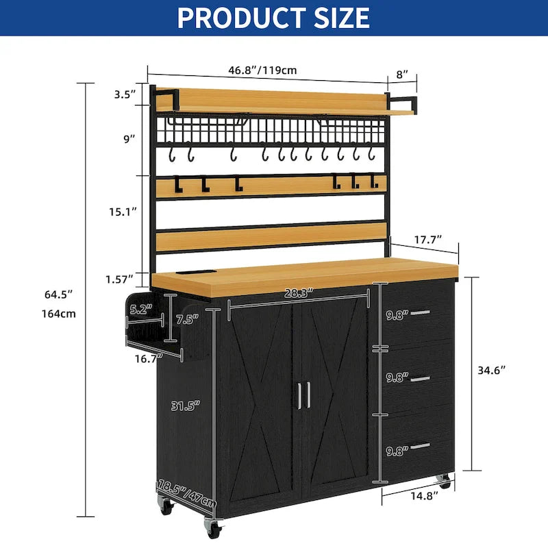Large Rolling Kitchen Island Bakers Rack with Power Outlet, LED Light & Tall Shelf