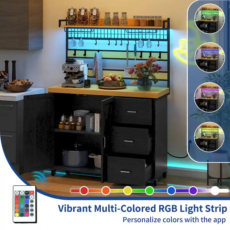 Large Rolling Kitchen Island Bakers Rack with Power Outlet, LED Light & Tall Shelf