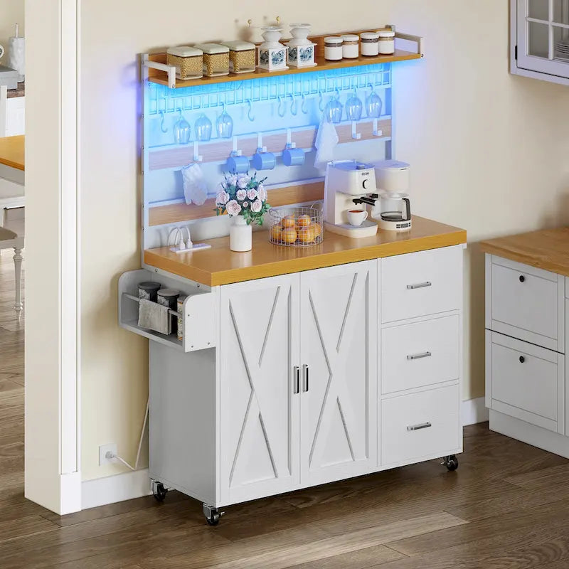 Large Rolling Kitchen Island Bakers Rack with Power Outlet, LED Light & Tall Shelf