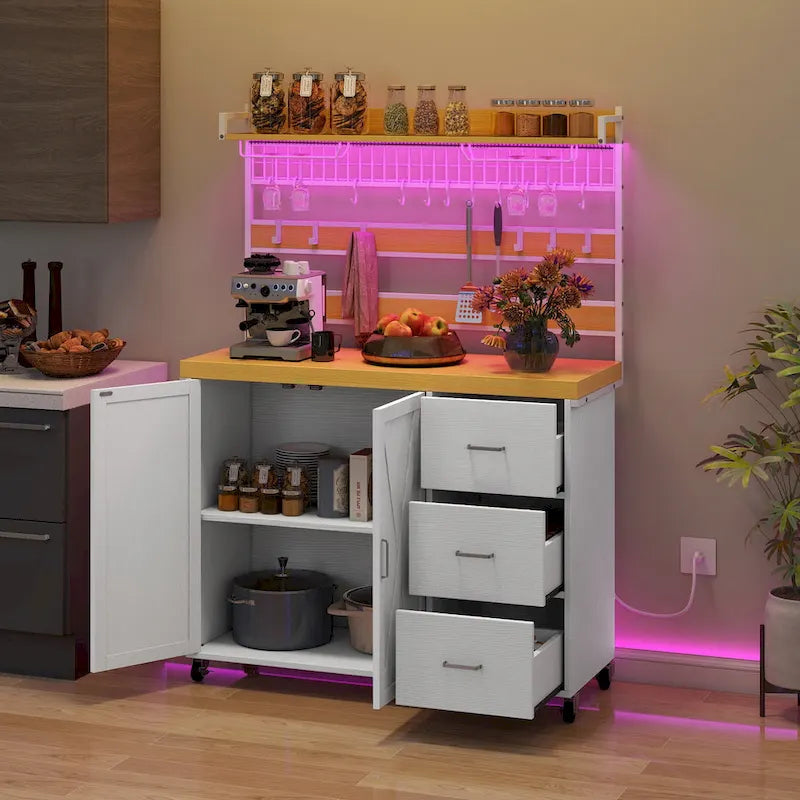 Large Rolling Kitchen Island Bakers Rack with Power Outlet, LED Light & Tall Shelf