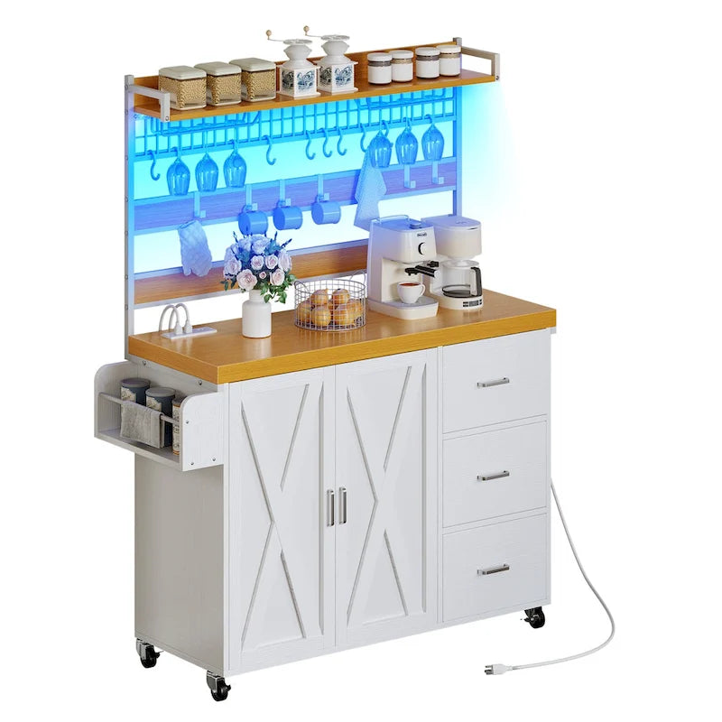 Large Rolling Kitchen Island Bakers Rack with Power Outlet, LED Light & Tall Shelf