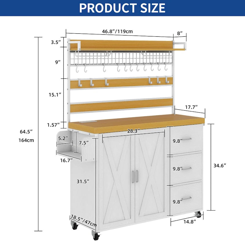 Large Rolling Kitchen Island Bakers Rack with Power Outlet, LED Light & Tall Shelf