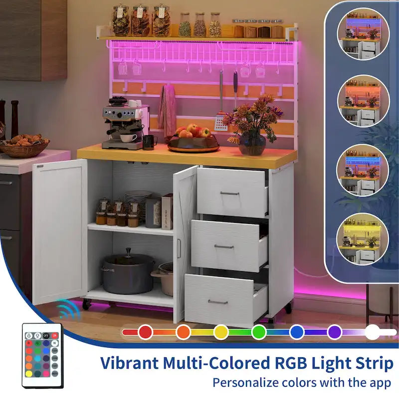 Large Rolling Kitchen Island Bakers Rack with Power Outlet, LED Light & Tall Shelf
