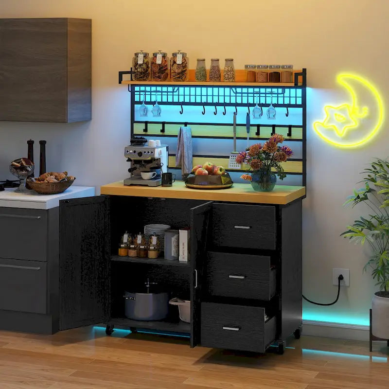 Large Rolling Kitchen Island Bakers Rack with Power Outlet, LED Light & Tall Shelf