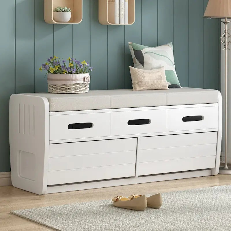 Rustic Storage Bench with 2 Drawers, Hidden Storage Space, and 3 False Drawers at the Top, Shoe Bench for Living Room