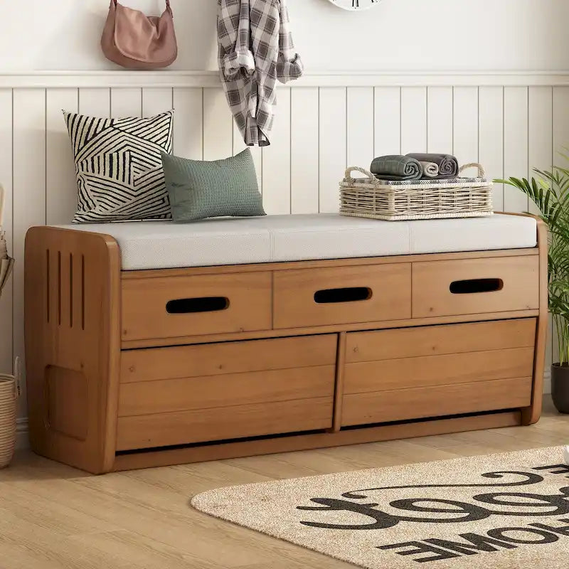 Rustic Storage Bench with 2 Drawers, Hidden Storage Space, and 3 False Drawers at the Top, Shoe Bench for Living Room